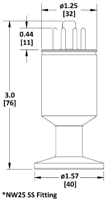 Dimensional drawing of the Televac® 1E Piezo-Diaphragm Vacuum Gauge.