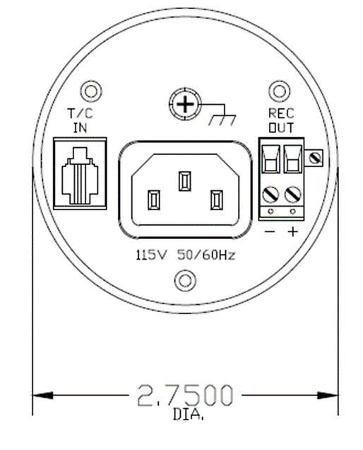 Dimensional drawing of the back panel of the Televac® Compact 2A Vacuum Controller.