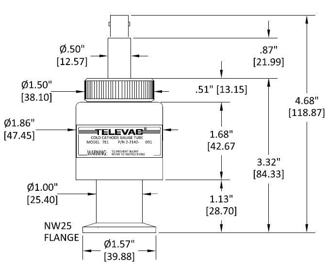 Dimensional drawing of the Televac® 7E Cold Cathode Vacuum Gauge.